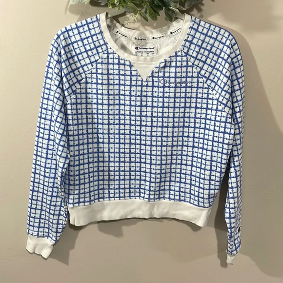 Champion Cropped Crewneck Sweatshirt Blue White Windowpane Checked S - Picture 1 of 15